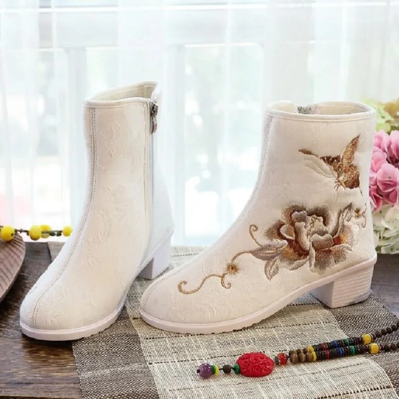 Spring Autumn New China Style Retro Thick Heels Embroider Zipper Sewing Canvas Women Ankle Short Equestrian Boots 20210701