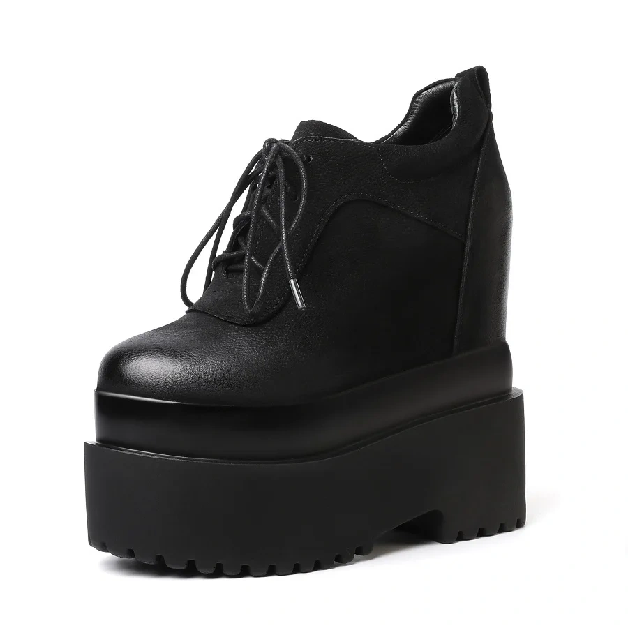 Spring Autumn New Retro Height Increasing 16 CM High Heels Platform Size 34-39 Cross-tied Full Grain Leather Women Modern Pumps