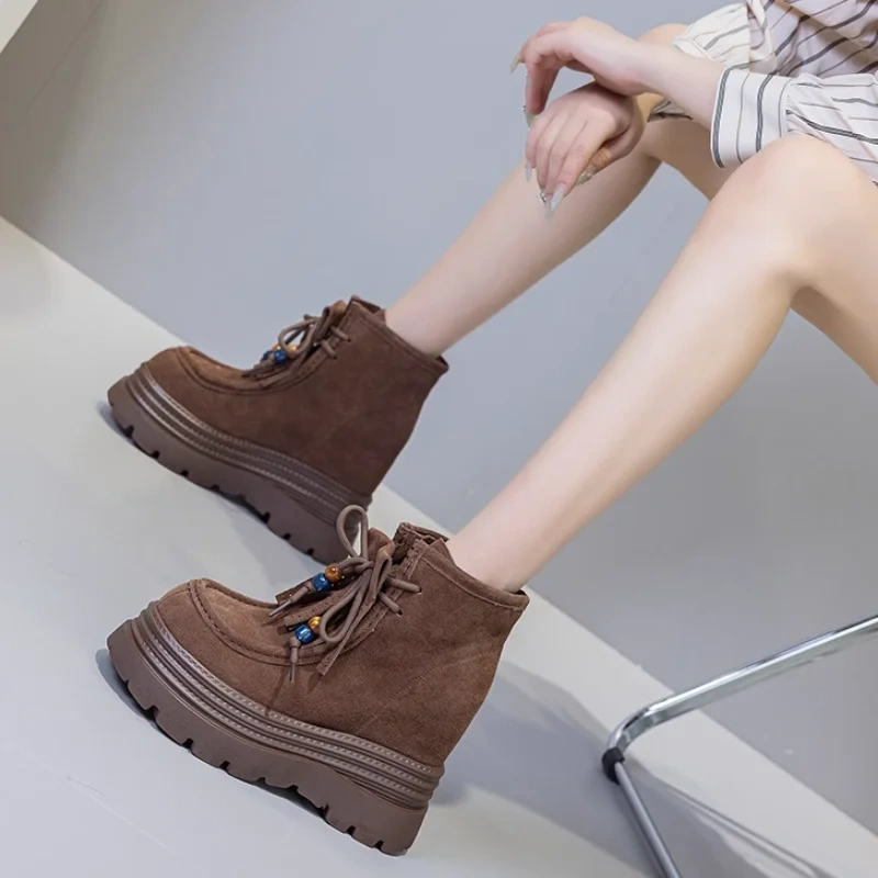 British Style Tassel Lace-Up Genuine Leather 12 CM Thick Sole Casual Beaded Cow Suede Versatile Autumn Women Ankle Boots 51014