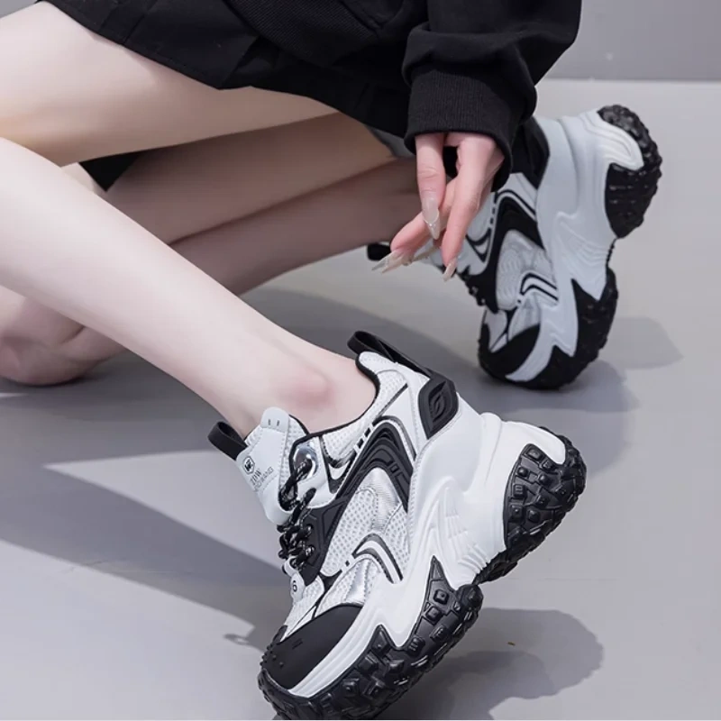 Spring Autumn Women New 13 CM Height Increase Elevator Shoes Real Genuine Leather Color Block Lace Up Platform Wedge Sneakers