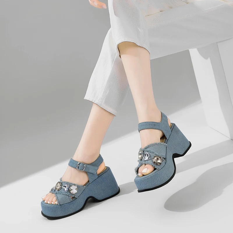 Women's Summer New Slim 9 CM Chunky Heel Denim Crystals Buckle Strappy Open Toe Platform Sandals 50609
