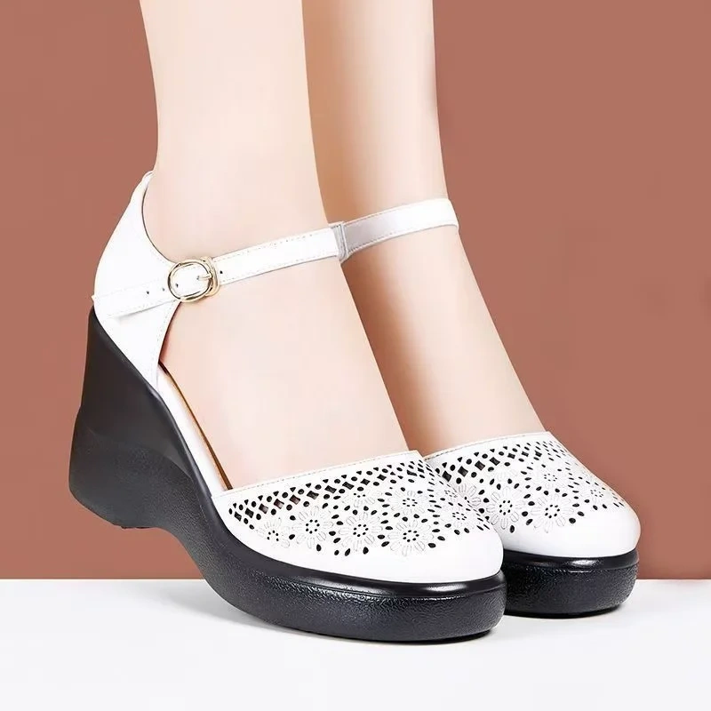 Women's Summer New Slim Leather Cut Out Wedge Round Toe Platform Shallow Mouth Ankle Strap Buckle Casual Gladiator Sandals 50709