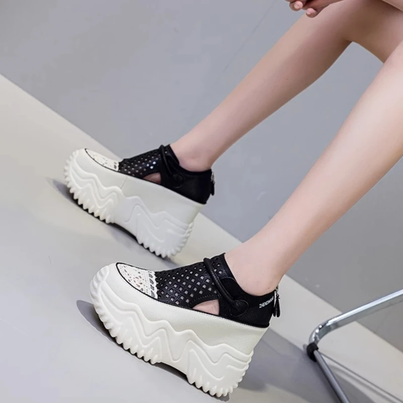 Women's Summer New Fashion Slim 12CM Hidden Heel Genuine Leather & Mesh Breathable Cut Out Zipper Comfort Casual Shoes 50714