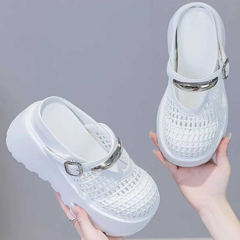 Women's Summer Fashion 10 CM Thick Sole Genuine Leather Sandals Closed Toe Hollow Out Metal Buckle Slippers 50524