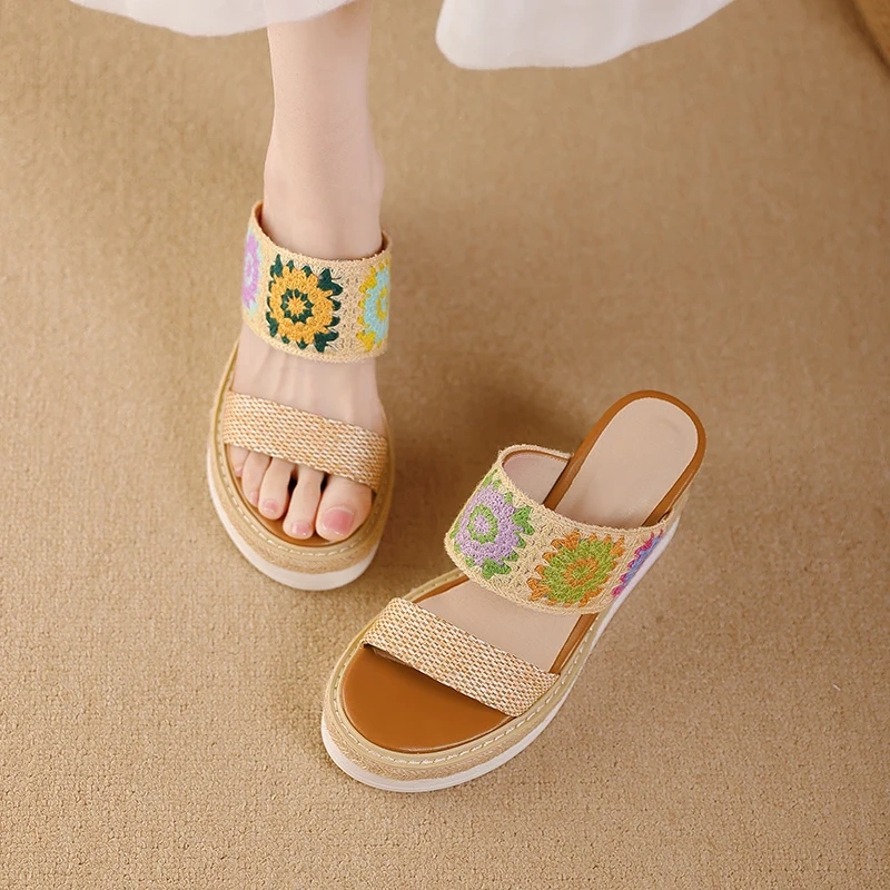 Women's Summer New Slim 9.5 CM High Heel Woven Floral Color Block Wedge Peep Toe Platform Gladiator Slippers 50529