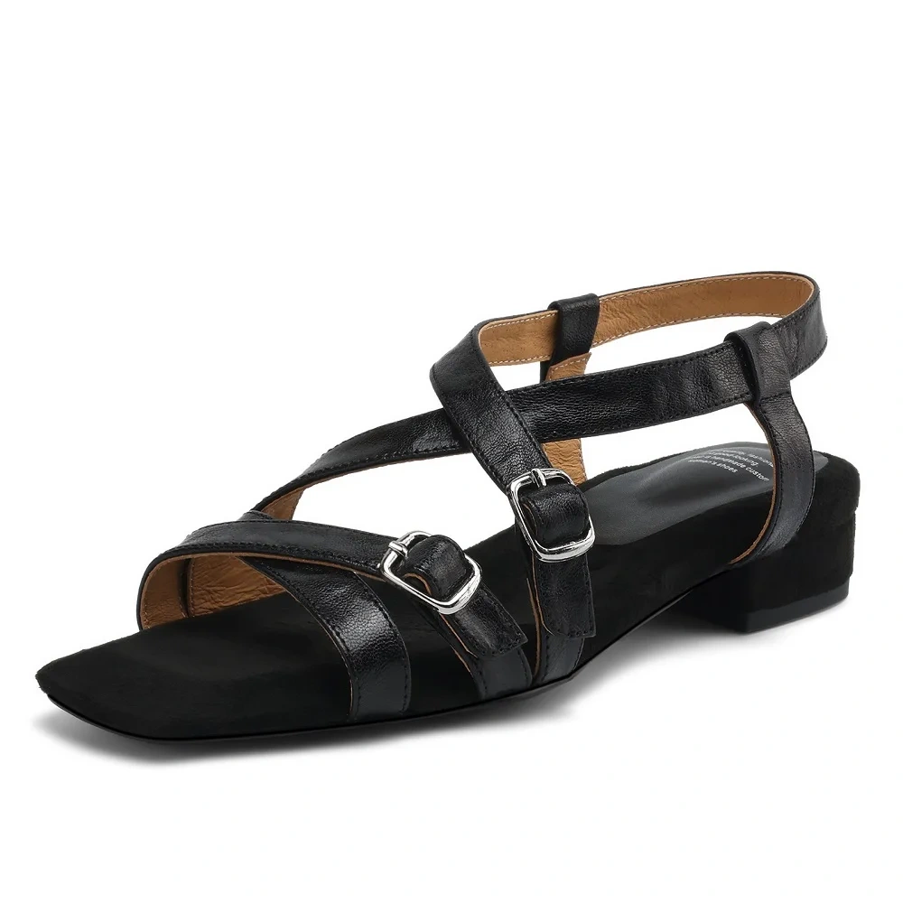 Women's Summer 2.5 CM Block Heel Genuine Sheep Leather Square Toe Gladiator Straps Buckle Slip-On Open Toe & Back Sandals 50617