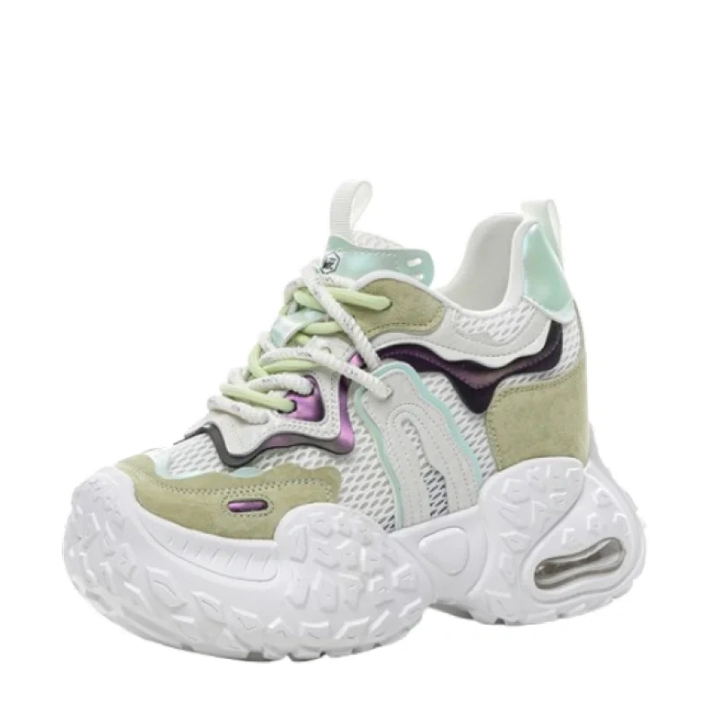 Women's Summer 12 CM Platform Genuine Leather & Mesh Breathable Upper Purple Sneakers Color Block Lace-Up Green Shoes 50524