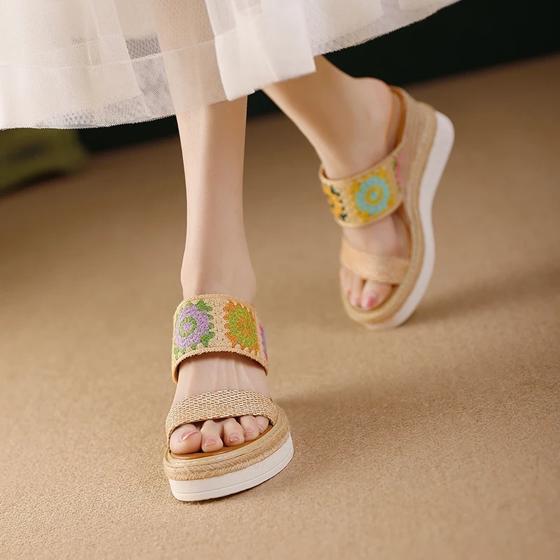 Women's Summer New Slim 9.5 CM High Heel Woven Floral Color Block Wedge Peep Toe Platform Gladiator Slippers 50529