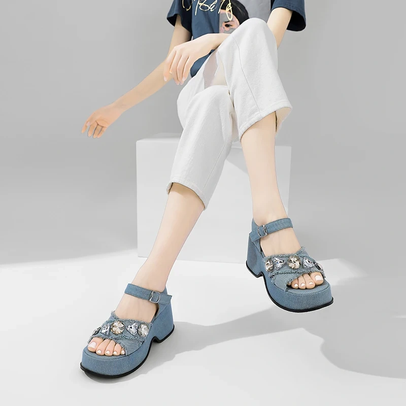 Women's Summer New Slim 9 CM Chunky Heel Denim Crystals Buckle Strappy Open Toe Platform Sandals 50609