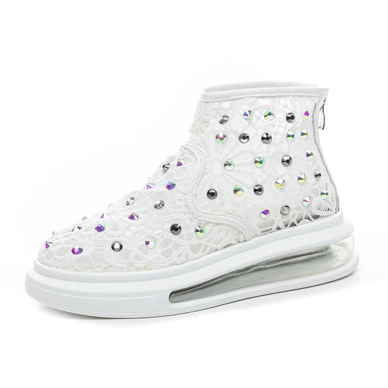 Women's Summer New Slim Fit 5 CM Heel Lace Genuine Leather Wedge Bling Crystals Zipper Platform Casual Shoes 50605