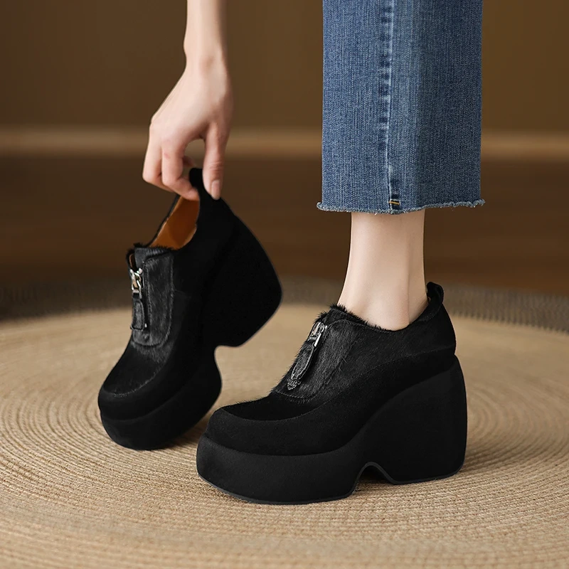 Women's Spring/Fall Genuine Leather & Pony Hair 10CM Wedge Heel Leopard Print Zip Chunky Platform Fashion Concise Shoes 50727