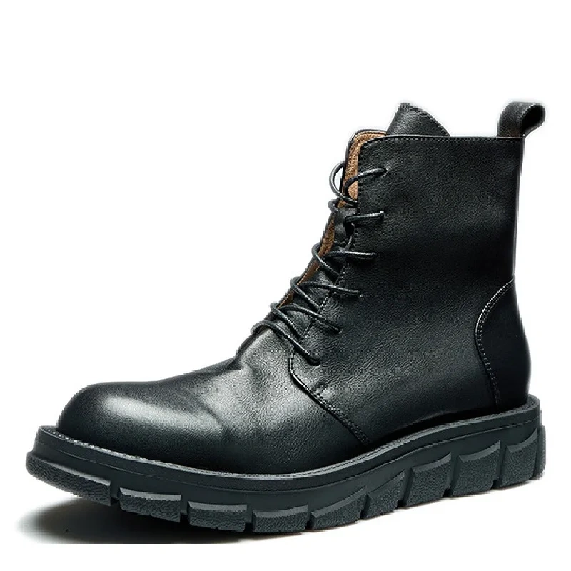 Spring Autumn New British Style Retro Chunky Bottom Cross-tied Sewing Full Grain Leather Men High Top Motorcycle Boots 2411