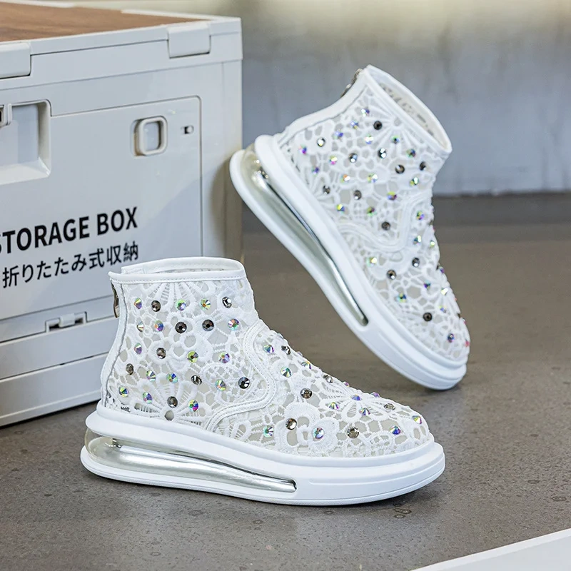 Women's Summer New Slim Fit 5 CM Heel Lace Genuine Leather Wedge Bling Crystals Zipper Platform Casual Shoes 50605