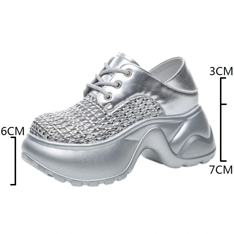 Women's Summer Fashion Slim Fit 10CM High Heel Platform Genuine Leather & Mesh Hollow-Out Lace-Up Casual Solid Color Shoes 50713