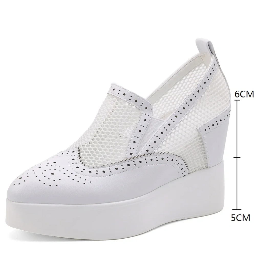 Women's Summer Fashion Slim 11CM Hidden Height Pointed Toe Slip On Genuine Leather & Mesh Hollow-Out Bright Color Shoes 50617