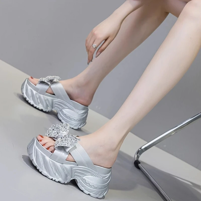 Women's Summer New Fashion 8CM Thick Sole Genuine Leather Platform Bow Peep Toe Crystals Korean Style Slide Sandals 50713