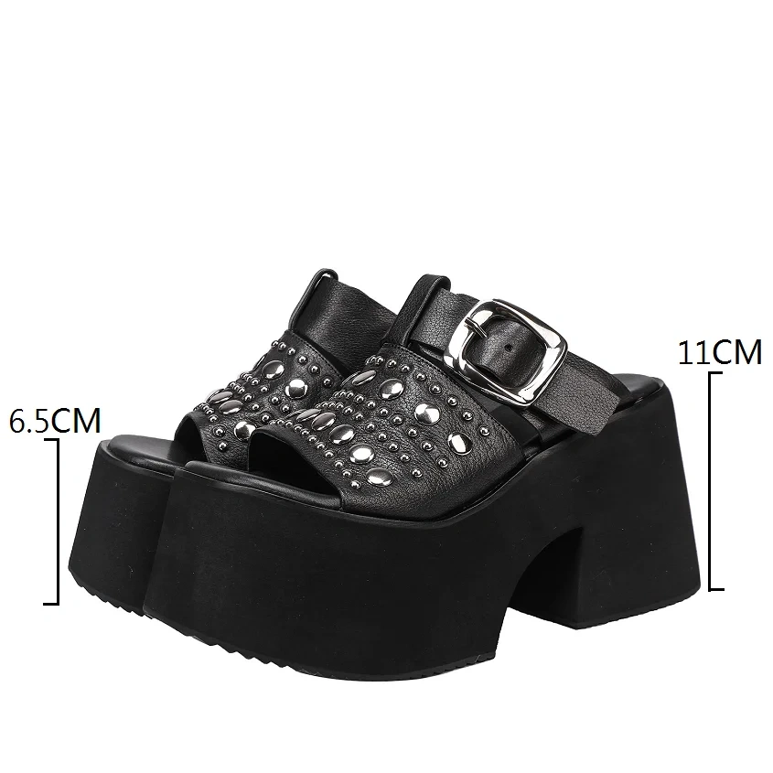 Women's Summer New 11 CM Chunky Heel Genuine Leather Open-Toe Gladiator Rivets Metal Buckle Platform Wedge Slippers 50606