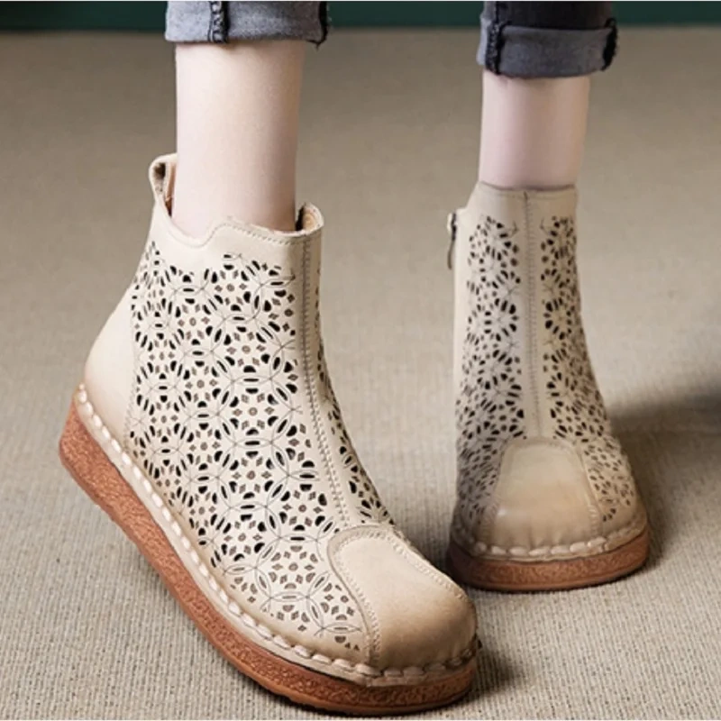 Women's Spring Summer Slim Fit 3 CM Thick Sole Genuine Leather Embossed Floral Cut Out Retro Zip Stitch Ankle Boots 50602