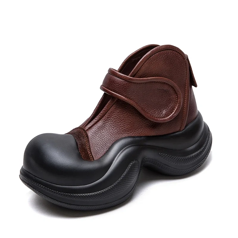 Women's Spring Summer Slim Fit 5.5CM Thick Sole Round-Toe Genuine Leather Solid Color Slip-On Hook & Loop Straps Shoes 50703