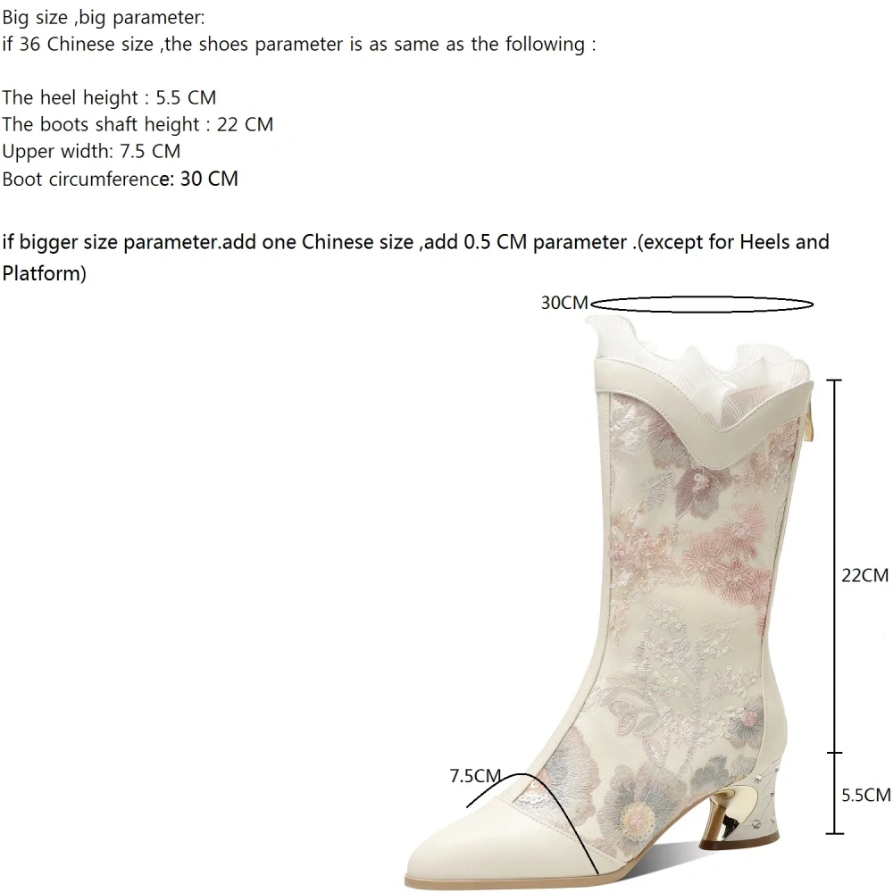 Women Spring 5.5CM Chunky Heel Crystals Genuine Leather Embroidered Sequins Pointed Toe Lace Side Plus Size Mid-Calf Boots 50623