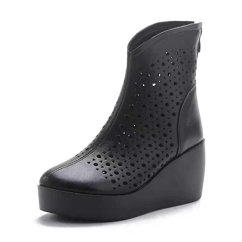 Women's Spring Summer Slim 7 CM Height Increasing Genuine Leather Cut Out Wedge Platform Breathable Zipper Ankle Boots 50604
