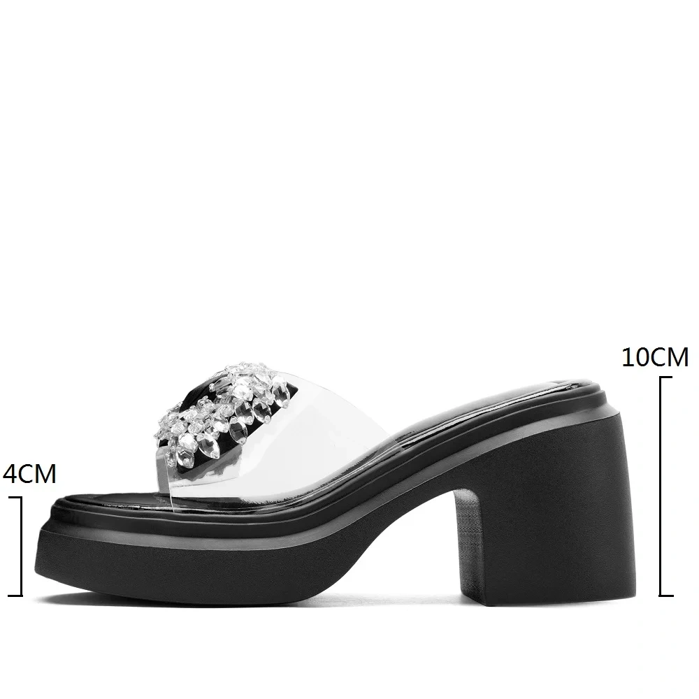 Women's Summer Fashion 10 CM Thick Sole Transparent Sandals - Chunky Heel Bow Knot Glitter Round Toe Slippers 50521