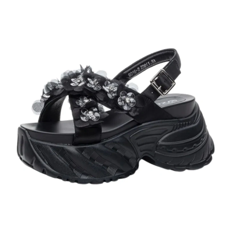 Women's Summer New Slim 8CM Thick Sole Genuine Leather Lace Crystals Buckle Strap Platform Fashion Casual Beach Sandals 50714