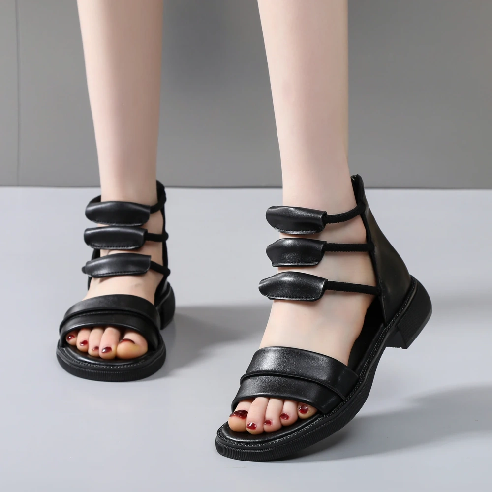 Women's Summer Flat Sandals Genuine Leather Solid Color Peep-Toe Zipper Casual Beach Gladiator Strappy Sandals Plus Size 50712