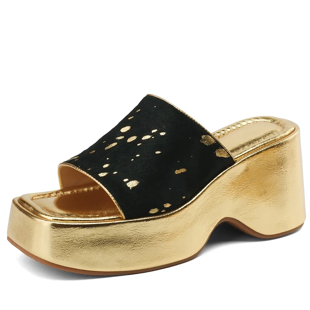 Women's Summer New Fashion 8.5 CM Chunky Heel Genuine Leather Square Toe Open-Toe Platform Horsehair Wedge Slippers 50618