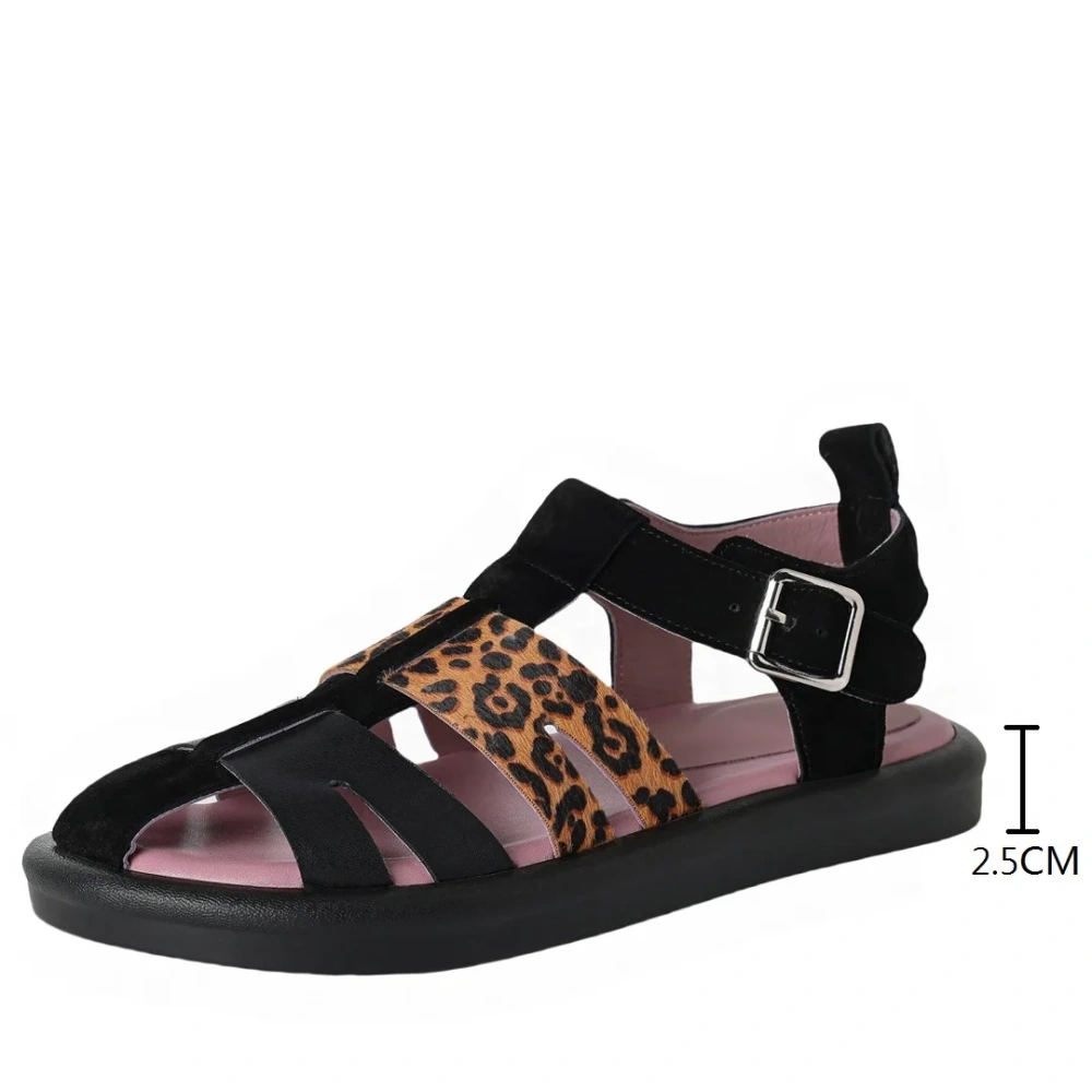 Women's Summer New 2.5 CM Flat Genuine Leather Color Block Cut Out Woven Peep Toe Backless Buckle Strap Gladiator Sandals 50614