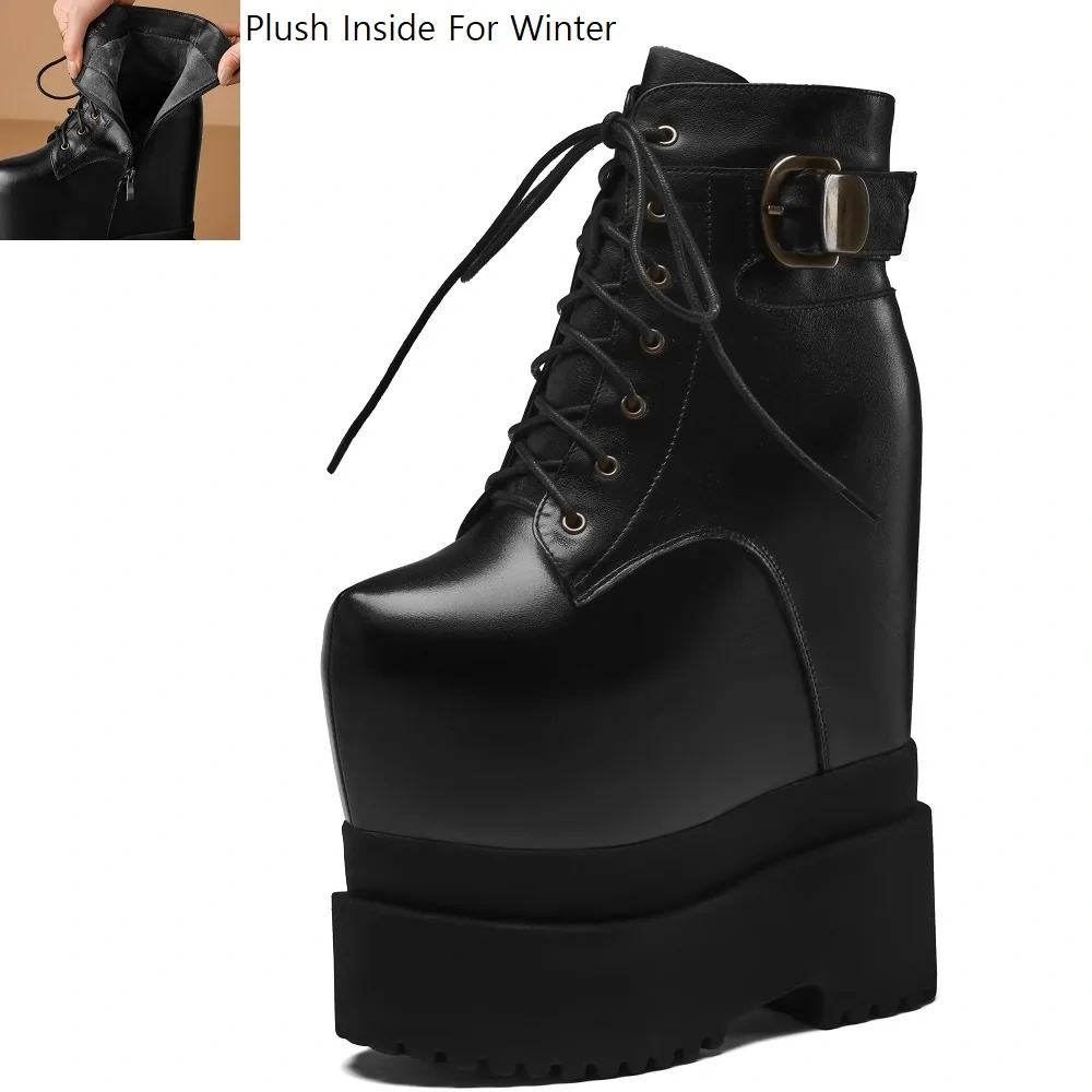 20CM Ultra High Heel Genuine Leather British Style Side Zipper Platform Stage Model Boots Ankle Boots Non-Slip Plush Lined 51016