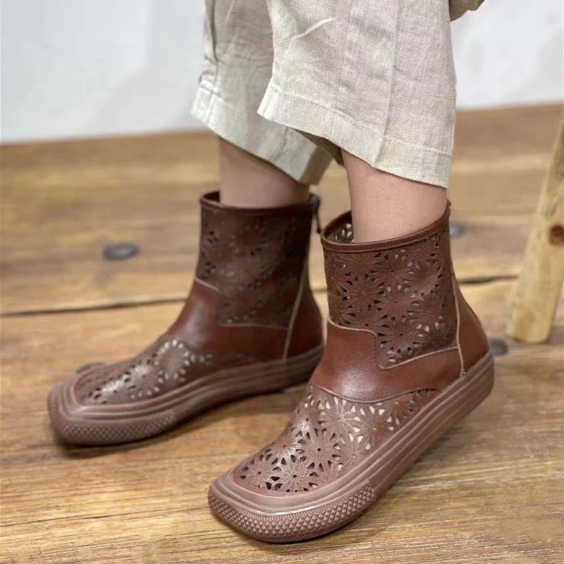 Women's Spring Autumn New Slim 3 CM Sole Square Toe Cut Out Printed Zipper Genuine Leather Retro Ankle Boots 50529