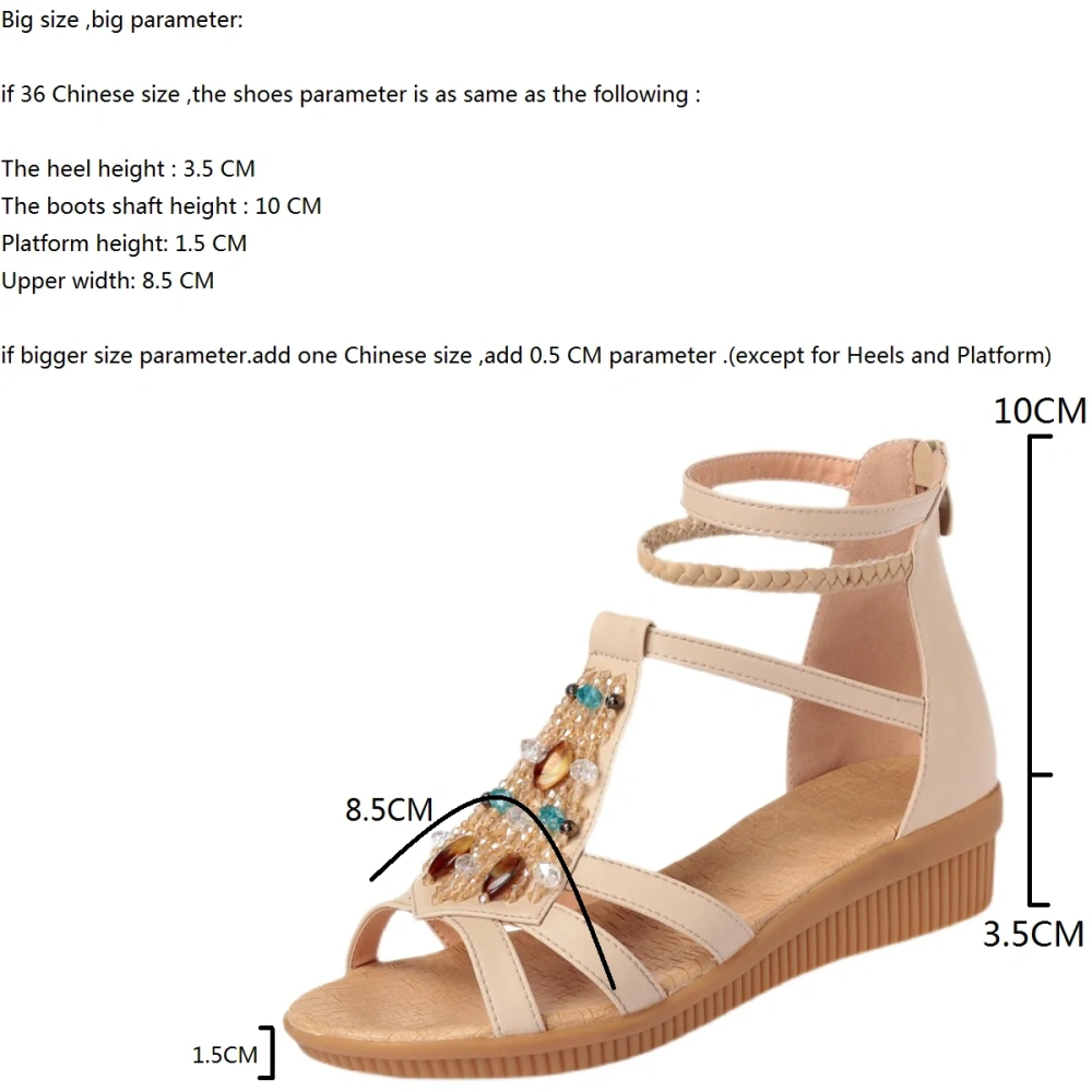 Women's Summer Bohemian Genuine Leather Peep Toe Wedge Sandals 3.5 CM Beaded Rhinestone Cross Strap Zipper Casual Shoes 50709