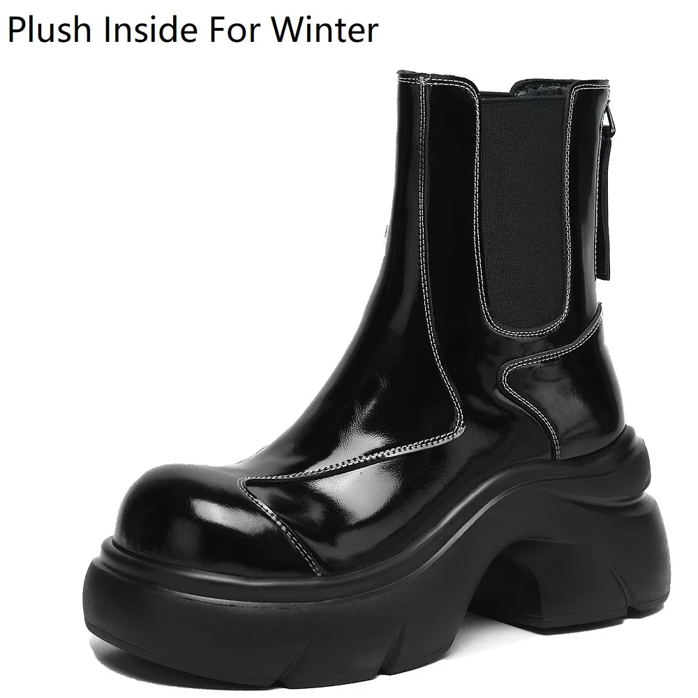 7CM Square Heel Genuine Leather Round Toe Platform Back Zipper Retro Concise 2025 Autumn Winter New Women's Ankle Boots 51030