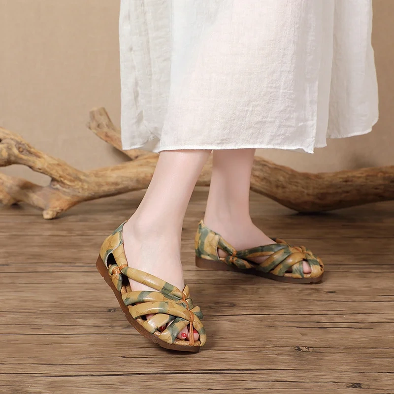 Women's Summer Genuine Leather Peep Toe Sandals Shallow Mouth Cutout Printed Cross Strap Slip On Casual Flats Shoes 50630