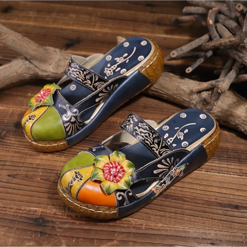 Women's Summer New 5.5 CM Wedge Genuine Leather Closed Toe Printed Color Block Retro Ethnic Platform Slippers 50529
