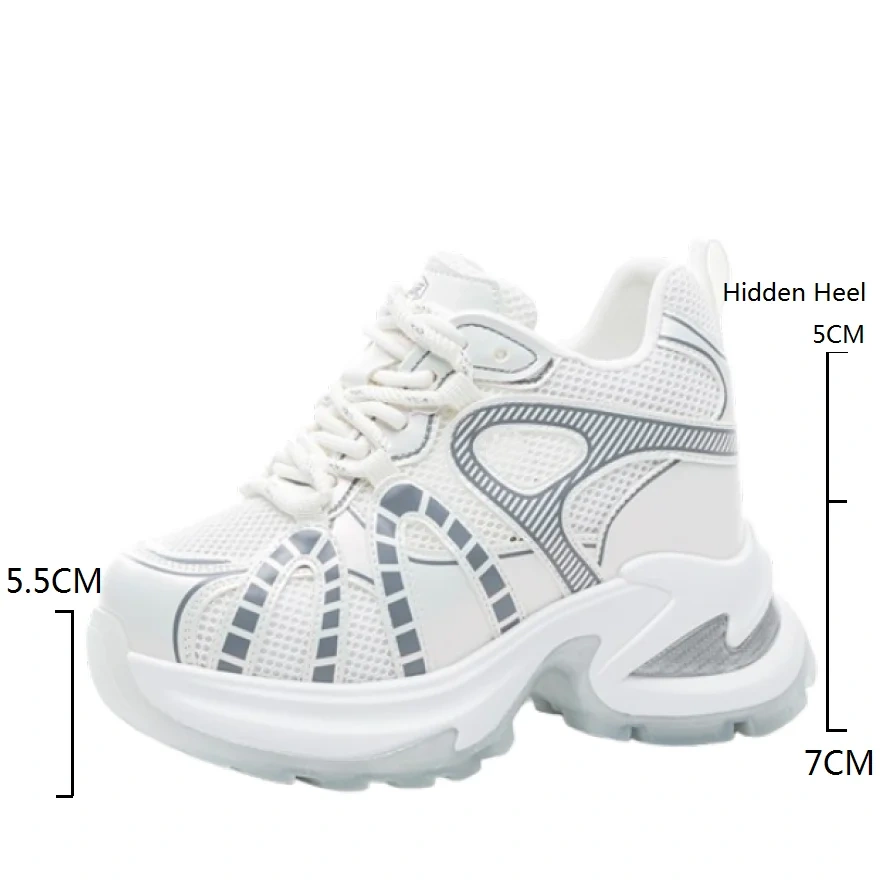 Women's Summer 12 CM Height Increase Genuine Leather & Mesh Breathable Sneakers Hollow Out Lace-Up Color Blocking Shoes 50523