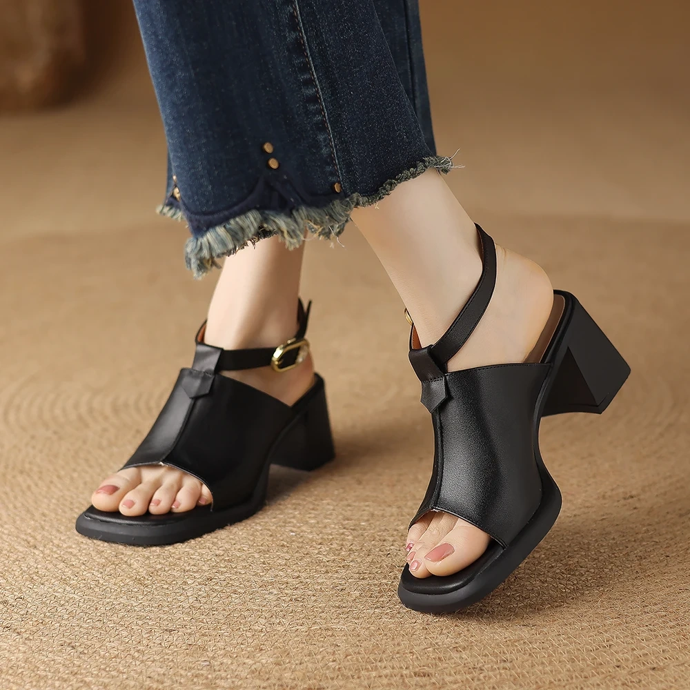 Women Summer New Slim Fit 5.5 CM Chunky Heel Solid Color Genuine Leather Peep-Toe Ankle Strap Open Back Gladiator Sandals 50616