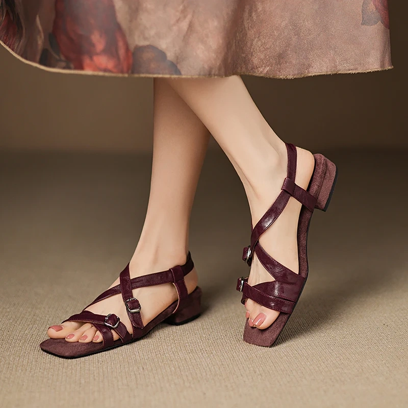 Women's Summer 2.5 CM Block Heel Genuine Sheep Leather Square Toe Gladiator Straps Buckle Slip-On Open Toe & Back Sandals 50617