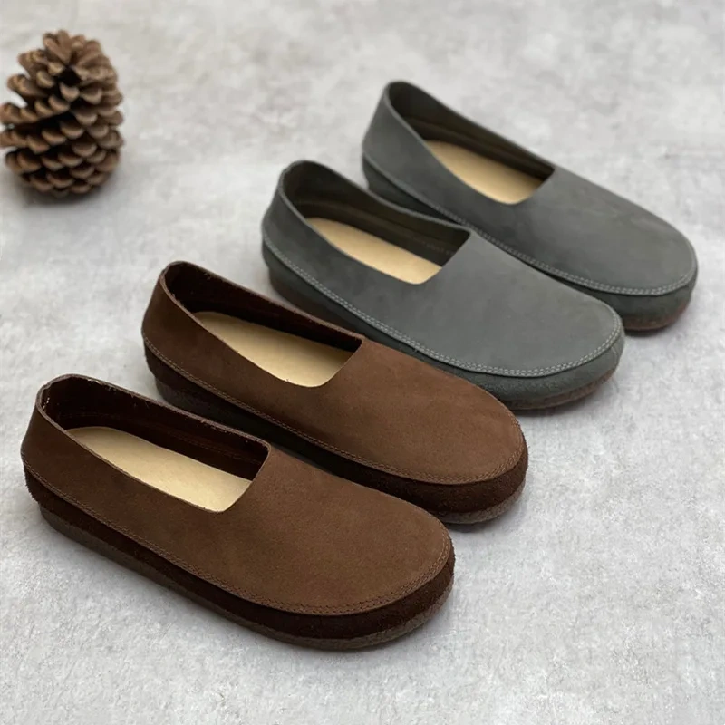 Spring Autumn New British Style Retro Flat Bottom Sewing Shallow Slip-On Genuine Leather Women Casual Sneakers Shoes 2312