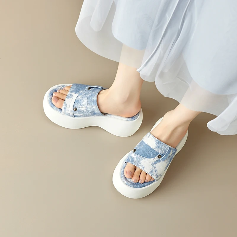 Women's Summer New Fashion Slim 8 CM Thick Sole Color-Blocked Fabric Platform Open-Toe Slingbacks Slip On Concise Slides 50613