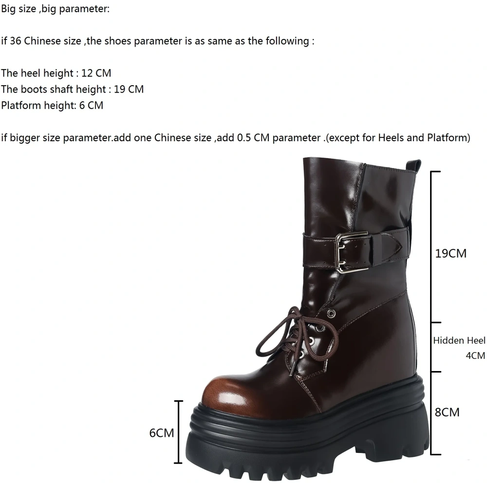 Women's Spring Autumn New Genuine Leather Round Toe Lace-Up Belt Buckle Slip-On Platform 12CM Inner Elevator Ankle Boots 50820