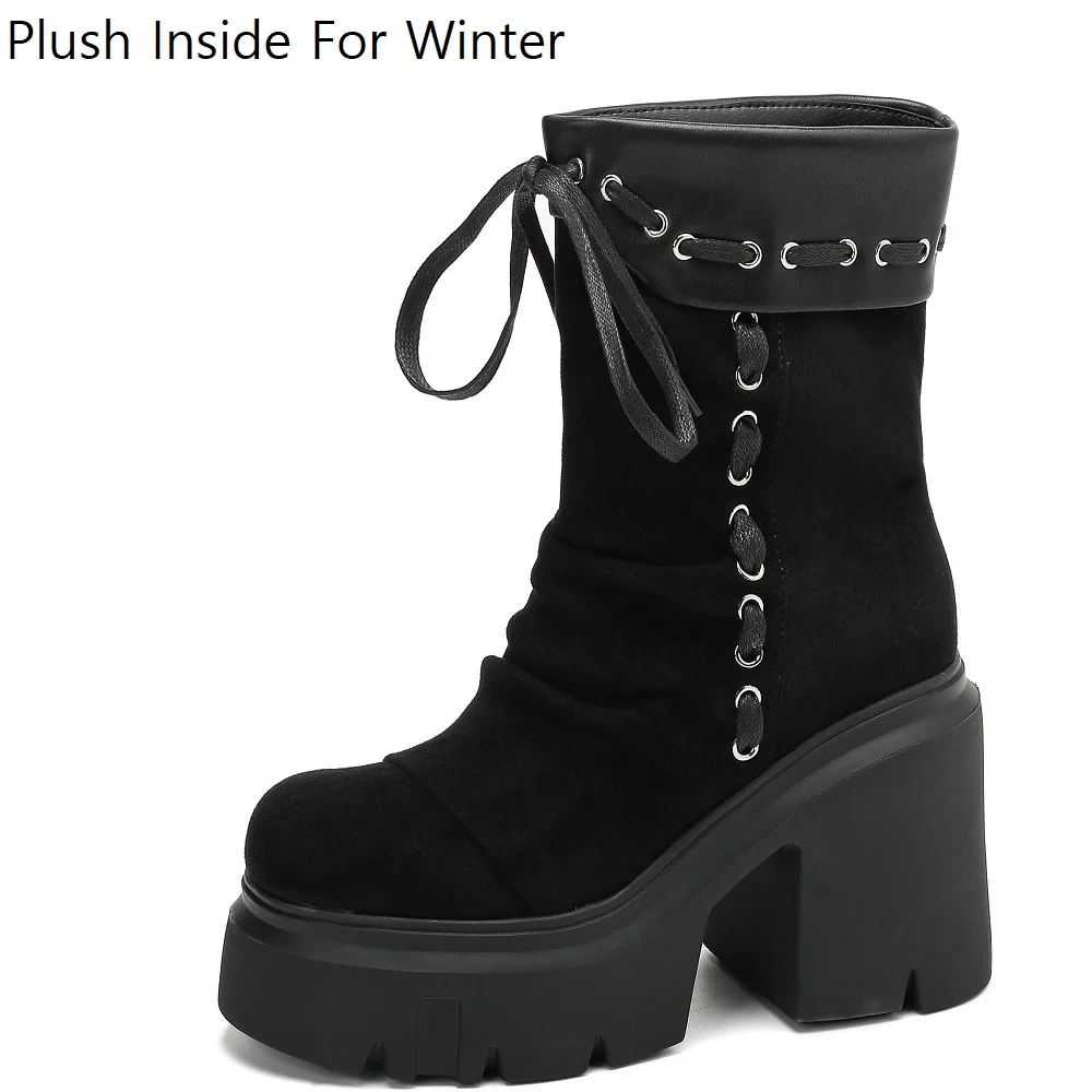 Black Concise Slimming Height Increasing Short Boots 12CM Block Heel Suede Elastic Fabric Platform Platform Slip On Boots 50924