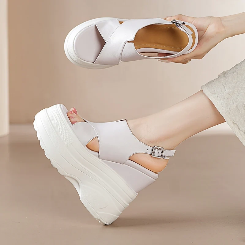 Women's Summer New Slim Fit 14 CM Wedge Heel Genuine Leather Cross Strap Platform Peep Toe Backless Solid Color Sandals 50709