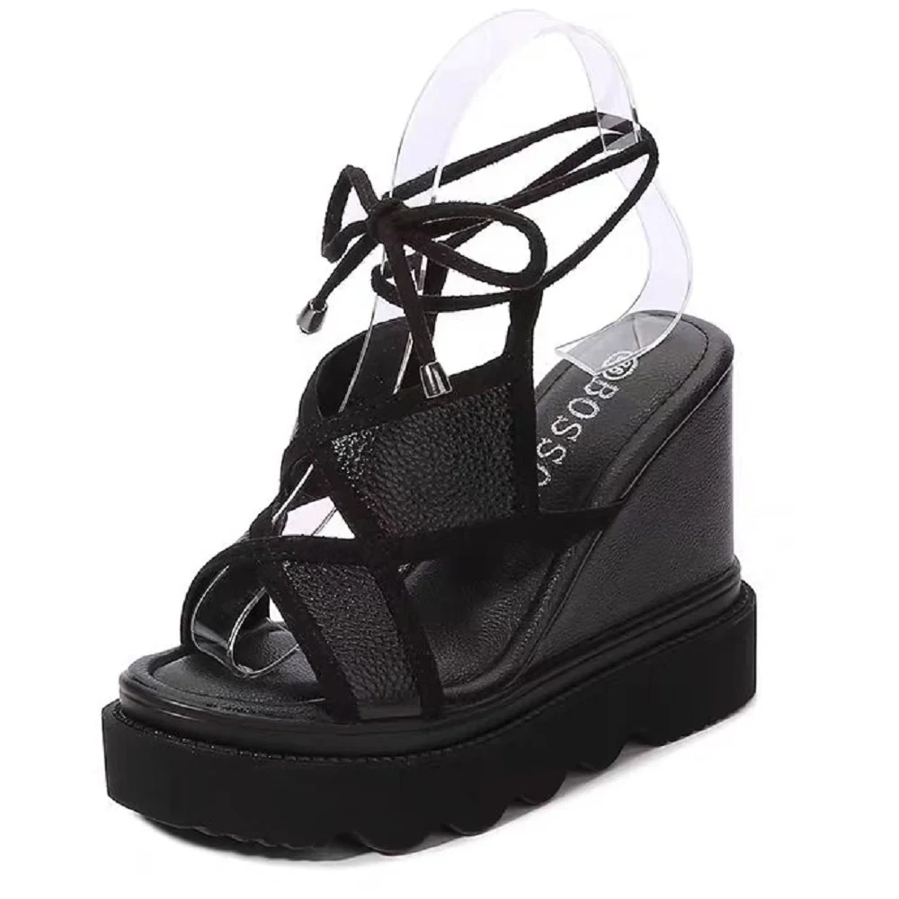Women's Summer New Slim 10.5CM High Wedge Heel Genuine Leather Solid Color Lace-Up Cross Strap Peep Toe Gladiator Sandals 50711