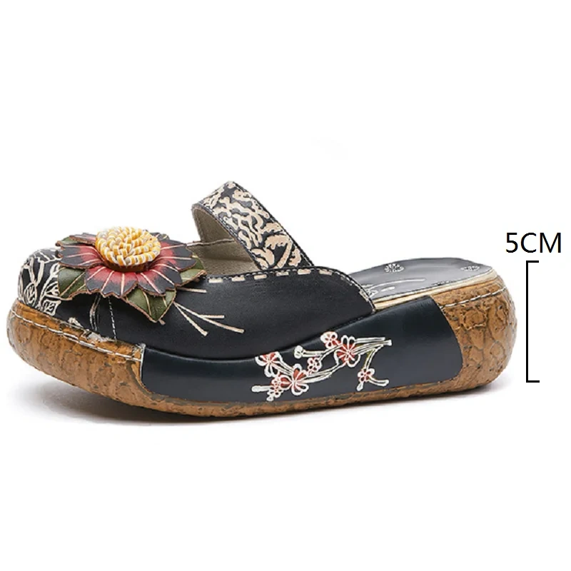 Women's Summer New Slim Fit 5 CM High Heel Genuine Leather Floral Print Closed Toe Retro Handmade Wedge Platform Slippers 50530