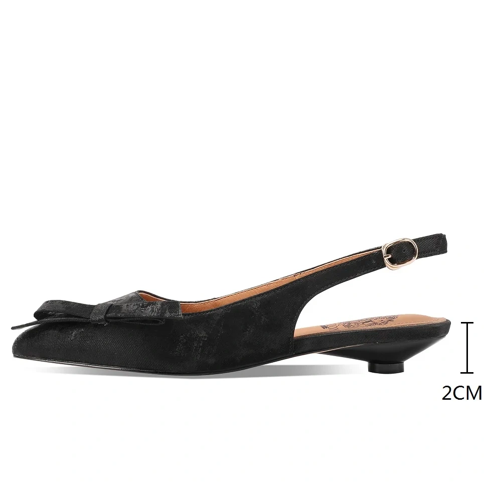 Women's Summer Slim 2 CM Low Heel Pointed Toe Shallow Mouth Slip-On Genuine Leather Ankle Strap Slingbacks Bowknot Shoes 50617