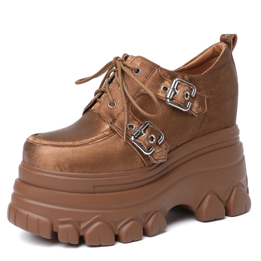 Spring Autumn New British Style Retro Height Increasing Wedges Platform Belt Buckle Lace-Up Genuine Leather Women Pumps 2402