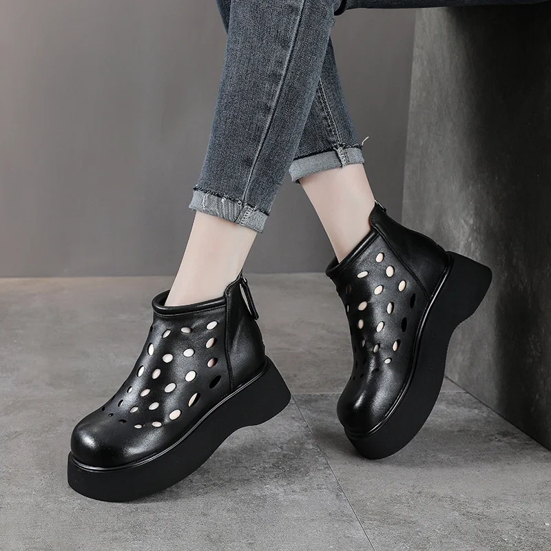Women's Spring Summer Slim 5 CM Thick Sole Genuine Leather Round Toe Cut Out Zipper Platform Retro Solid Color Ankle Boots 50630
