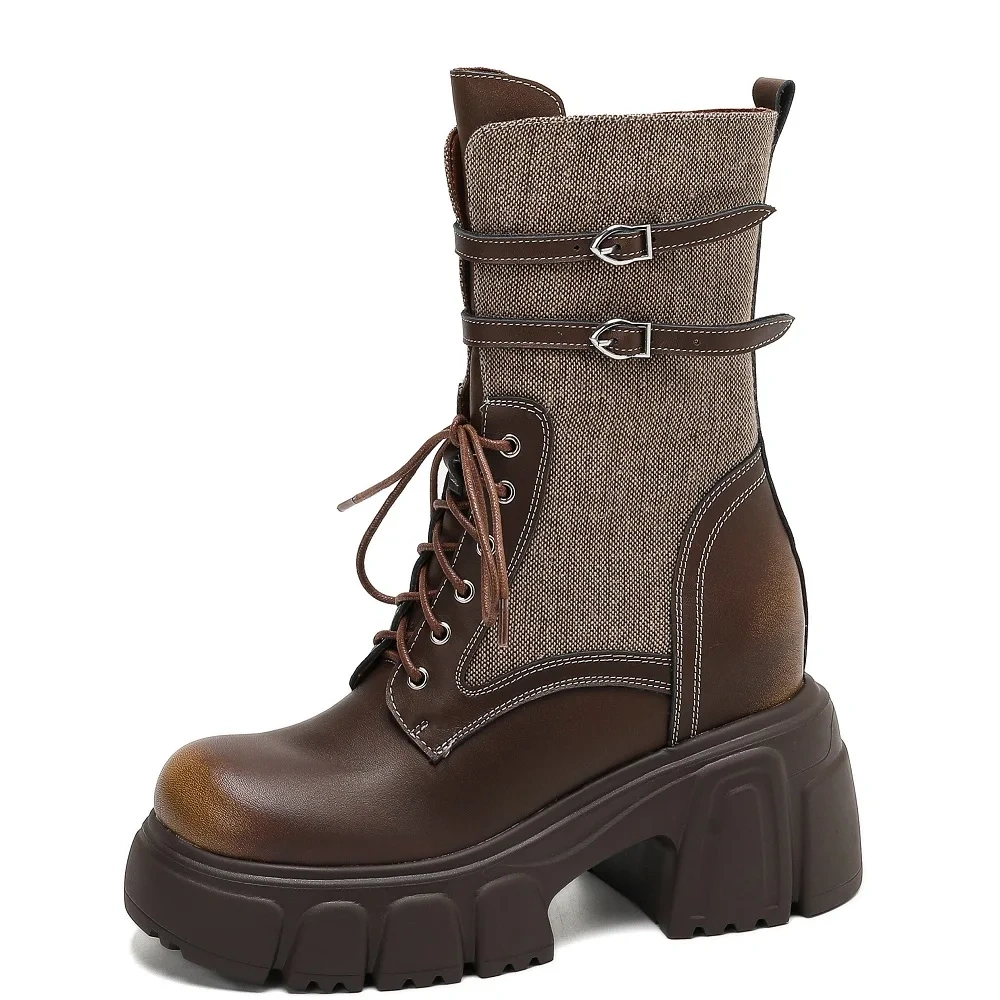 Women's Side Zipper Buckle 10 CM Block Heel Fleece-Lined Autumn Winter Slim-Fit Genuine Leather American Style Ankle Boots 51020